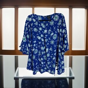 Liz Claiborne Women's Plus 3X Blue Floral Blouse Bell Sleeve Flowy Top